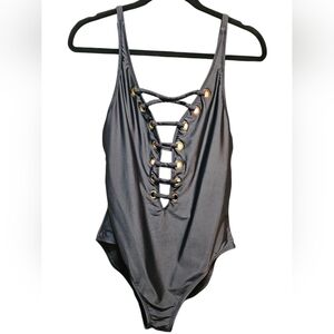 Black Lace-Up One-Piece Swimsuit, Sz 12